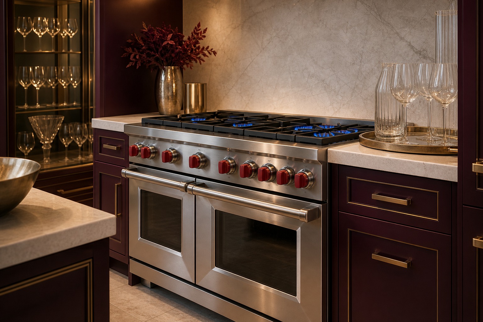 Professional Wolf gas range with red knobs in a high-end Pleasanton estate kitchen