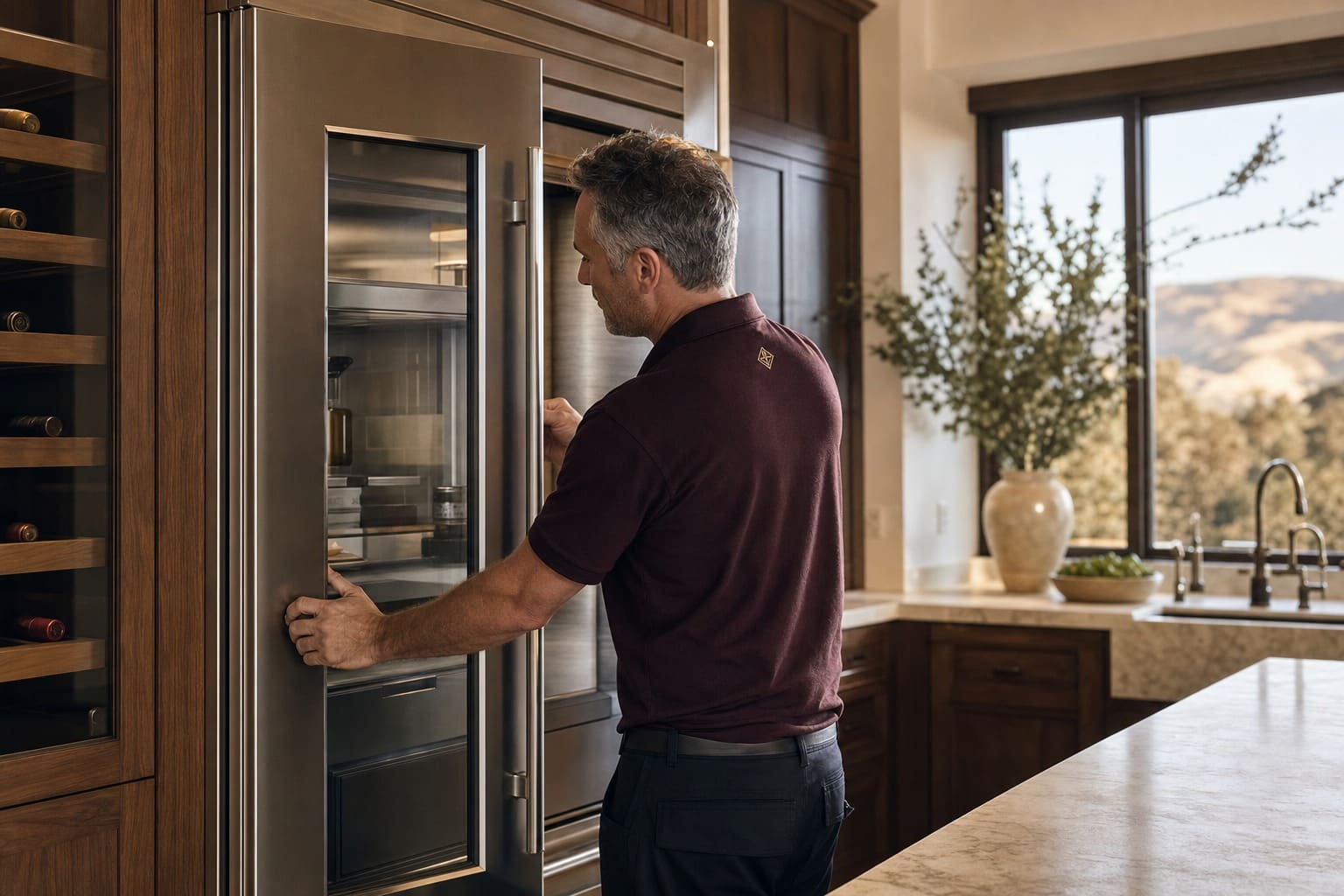Sub-Zero Pleasanton technician opening a tall built-in Sub-Zero refrigerator in a Ruby Hill estate kitchen