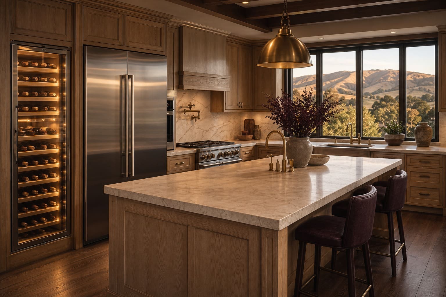 High-end Tri-Valley estate kitchen at golden hour with a glowing built-in wine column full of bottles