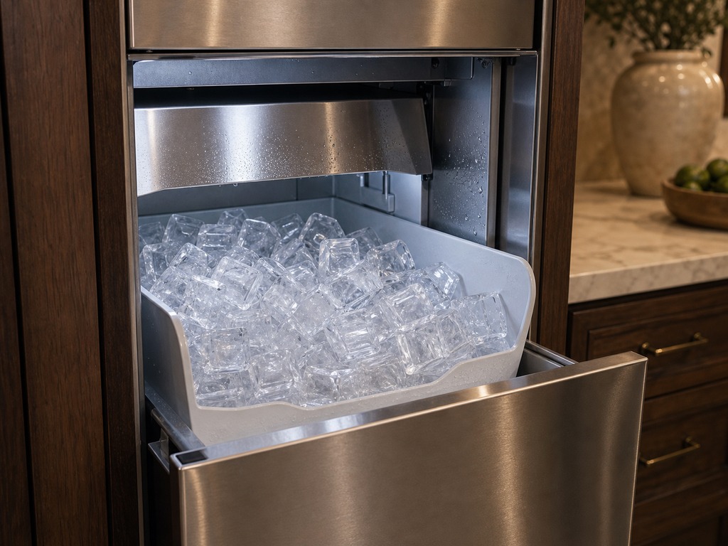 Built-in clear-ice maker with the bin pulled out full of glistening clear ice cubes in a Pleasanton kitchen