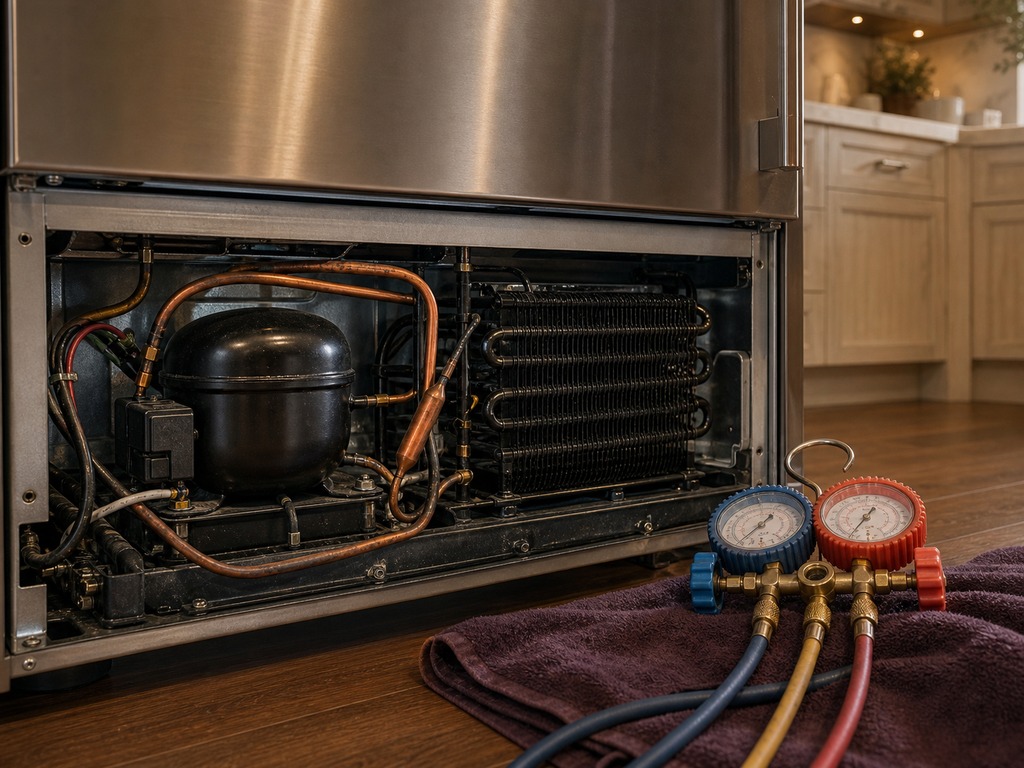 Lower mechanical bay of a built-in Sub-Zero refrigerator showing compressor and condenser coils during a Tri-Valley repair
