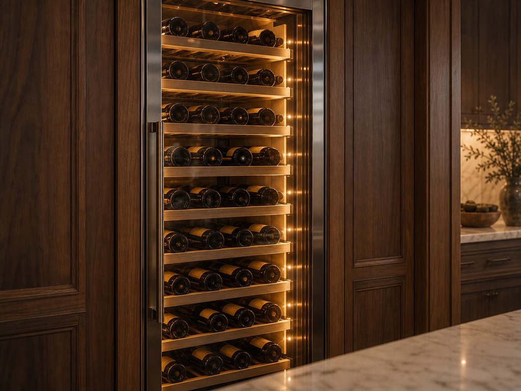 Built-in Sub-Zero wine column fully stocked with bottles glowing under warm amber light in a Ruby Hill estate