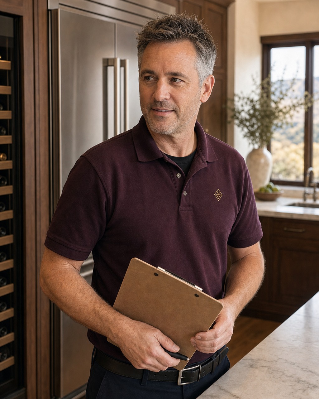 Independent Sub-Zero specialist technician with a service bag in a Pleasanton estate kitchen