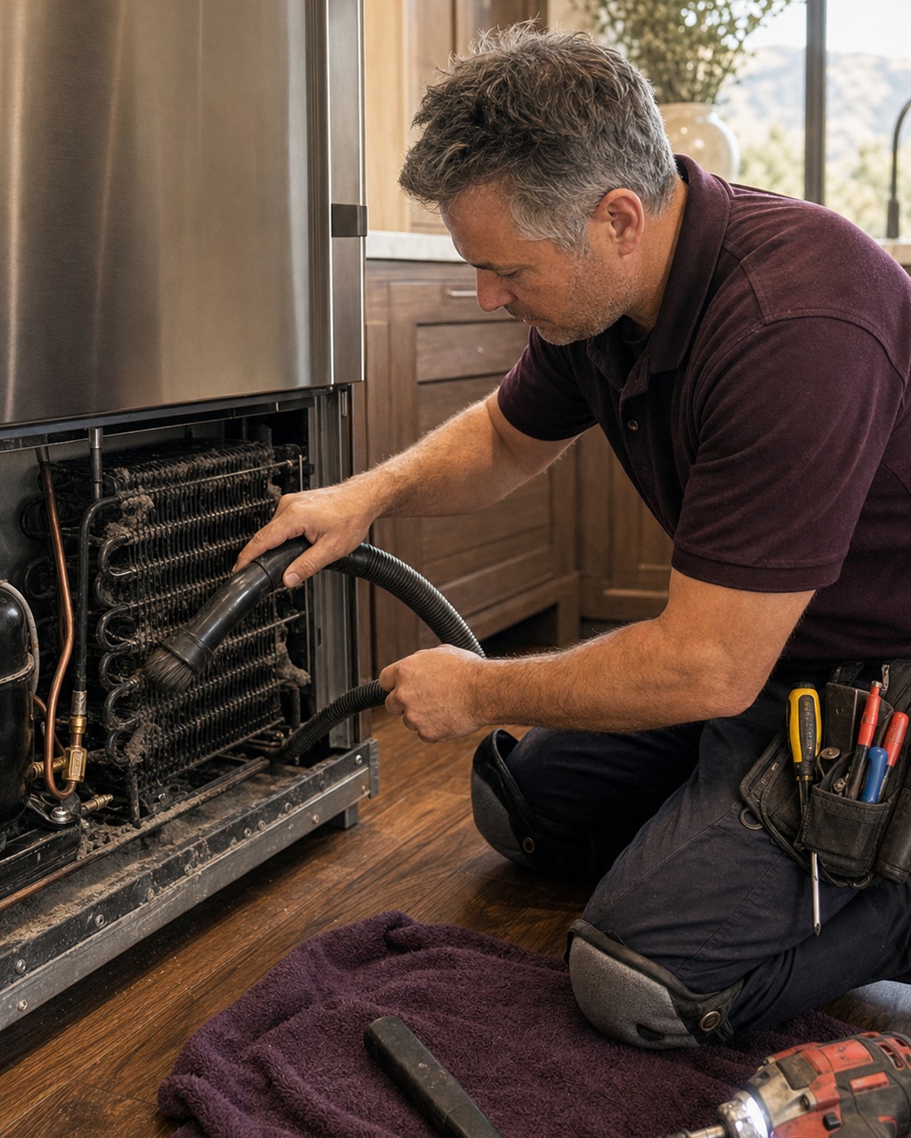 Sub-Zero Pleasanton technician vacuuming and brushing a dust-loaded condenser coil in the lower bay of a built-in refrigerator
