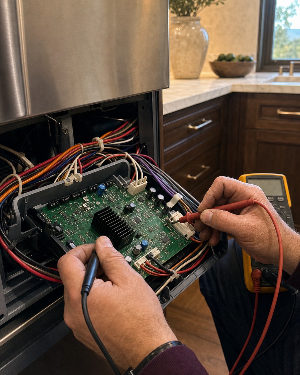 Viking Pleasanton technician holding a multimeter probe to the relay board of a built-in appliance in an estate kitchen