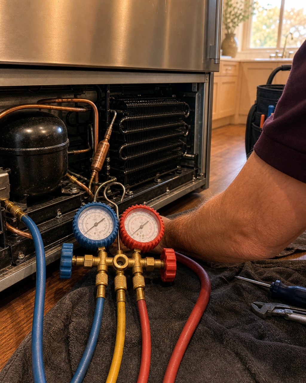 Refrigeration gauge manifold reading sealed-system pressures during a Thermador column repair in a Pleasanton estate